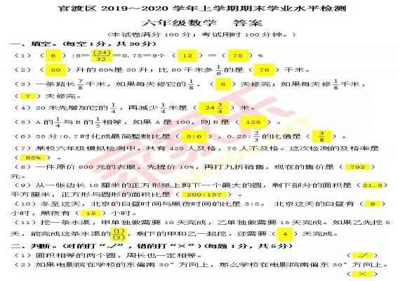 2019-2020年小学六年级上册数学期末考试试卷（昆明官渡区）