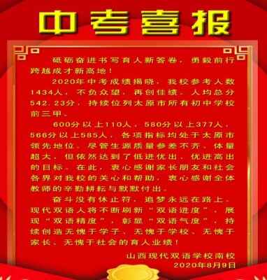 2020年山西现代双语学校南校中考成绩升学率(中考喜报)