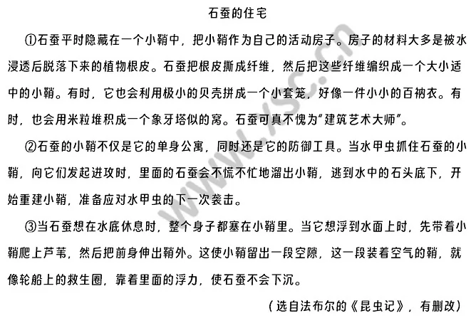 《石蚕的住宅》阅读理解题及答案(阅读答案)
