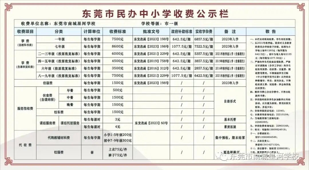 2023年东莞南城星河学校学校收费标准