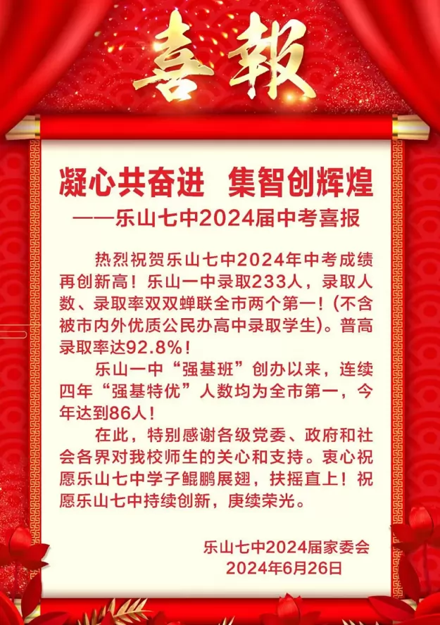 2024年乐山市第七中学中考成绩升学率(中考喜报)