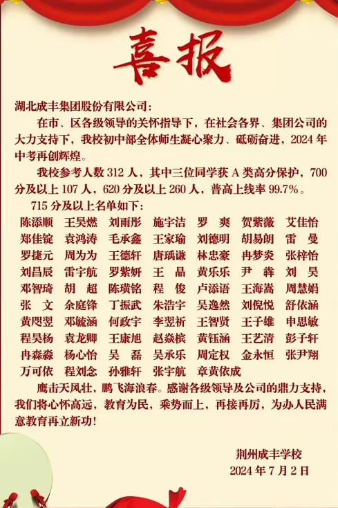 2024年荆州市成丰学校中考成绩升学率(中考喜报)