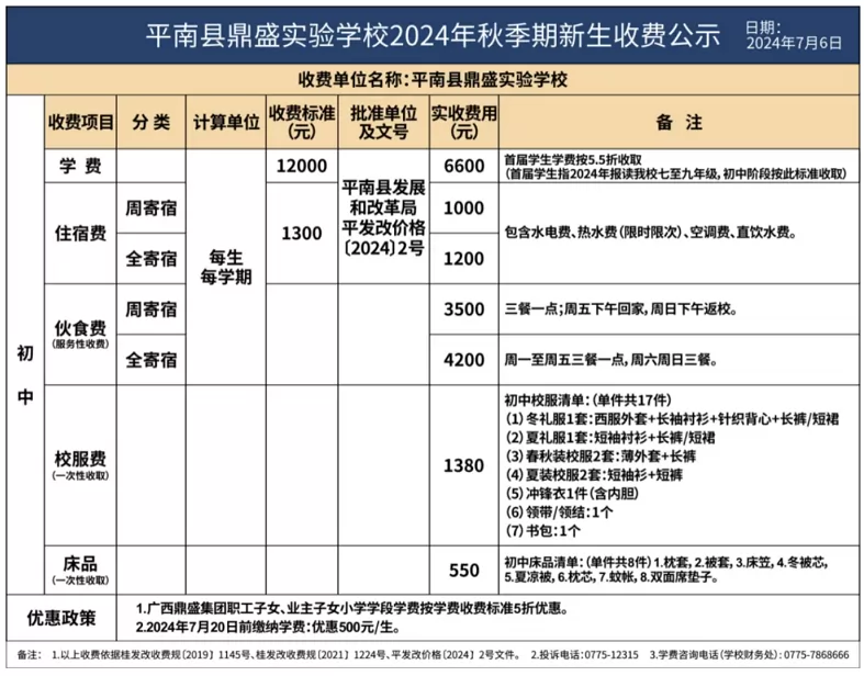 2024年秋季平南县鼎盛实验学校初中部收费标准