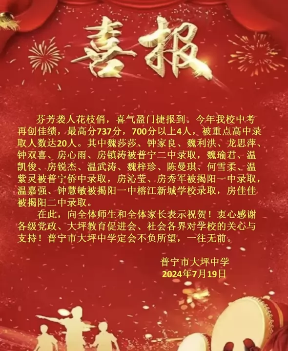 2024年普宁市大坪中学中考成绩升学率(中考喜报)