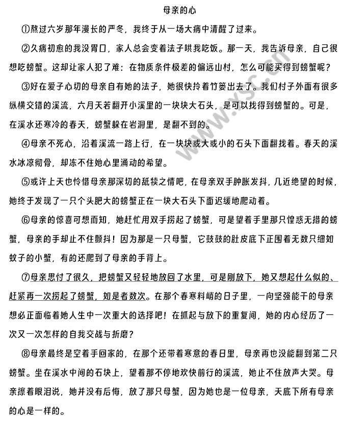 母亲的心阅读理解题及答案(阅读答案四)