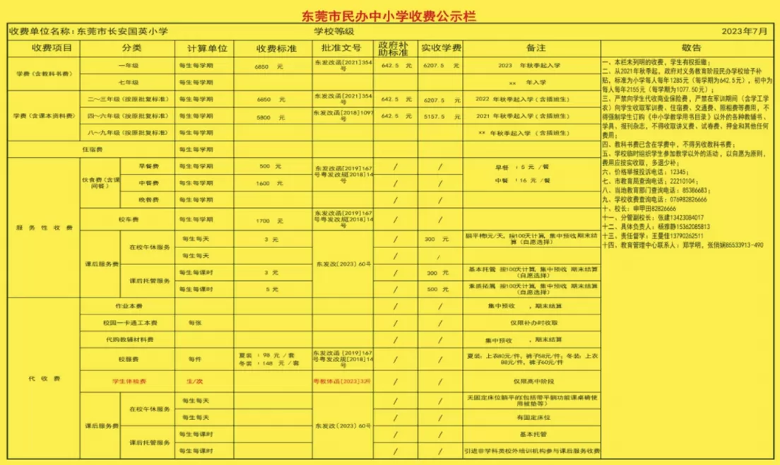2023年东莞市长安国英小学收费标准