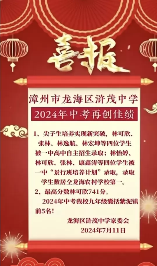 2024年漳州市龙海区浒茂中学中考成绩升学率(中考喜报)