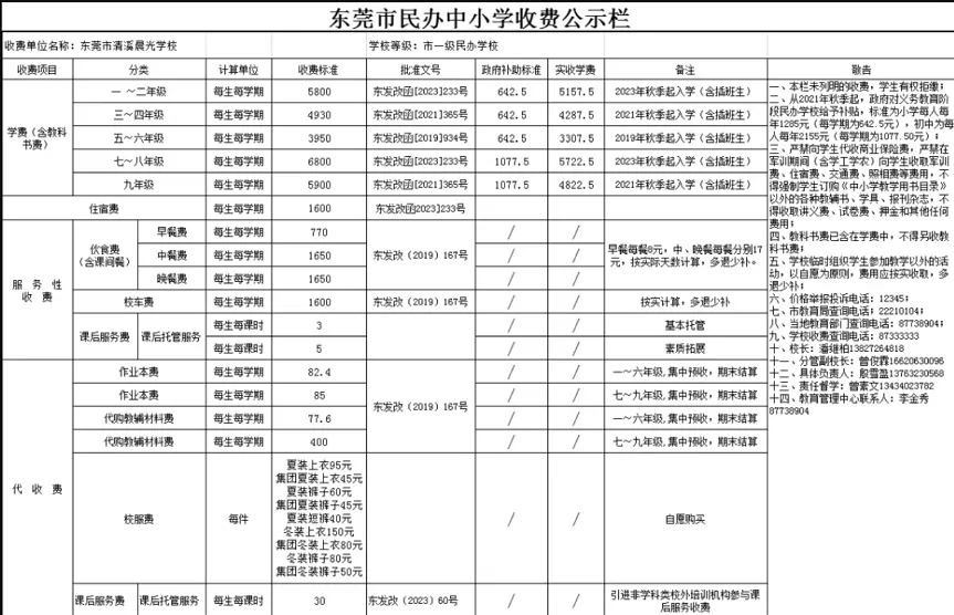 2024年东莞市清溪晨光学校收费标准