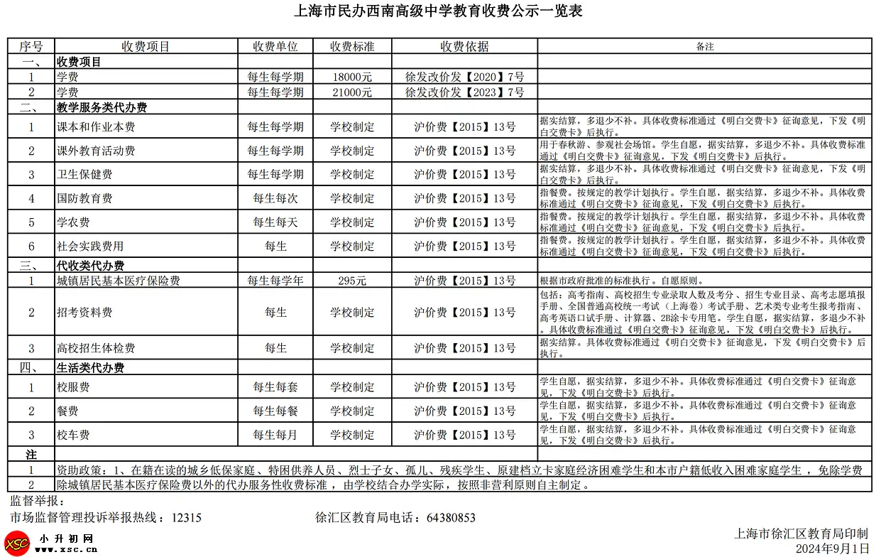 上海市民办西南高级中学收费标准(学费)及学校简介
