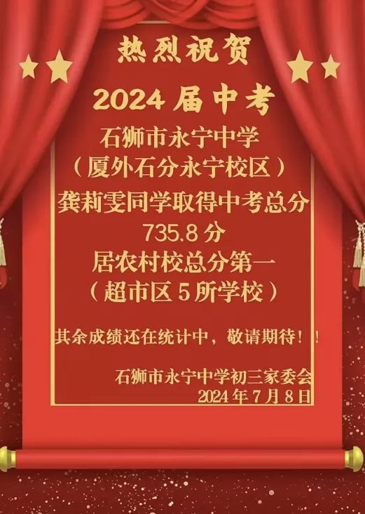 2024年石狮市永宁中学中考成绩升学率(中考喜报)