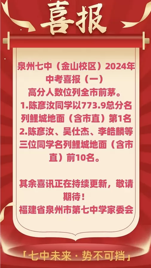 2024年泉州市第七中学中考成绩升学率1