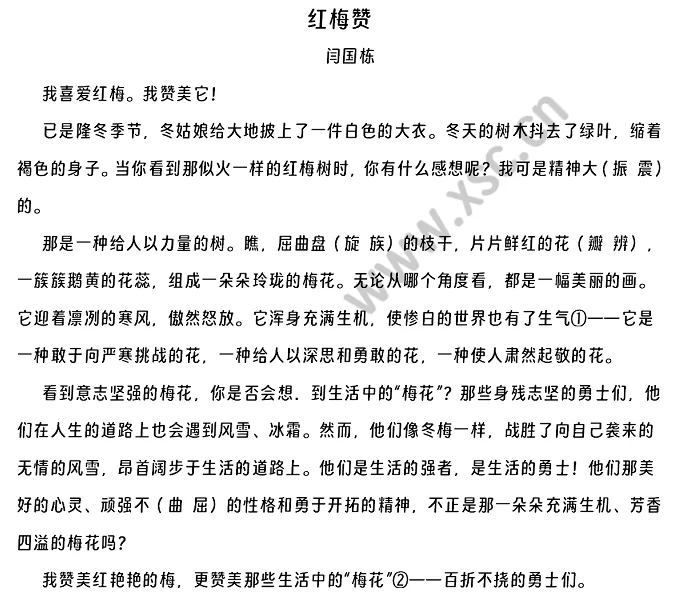 《红梅赞》阅读理解题及答案(阅读答案)