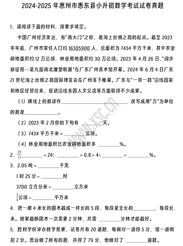 2024-2025年惠州市惠东县小升初数学考试试卷真题及答案
