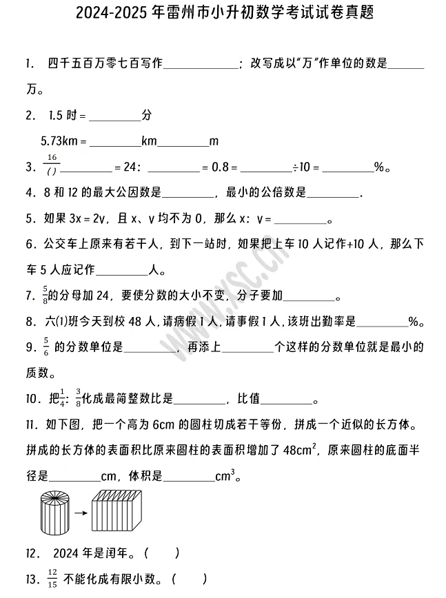 2024-2025年雷州市小升初数学考试试卷真题及答案