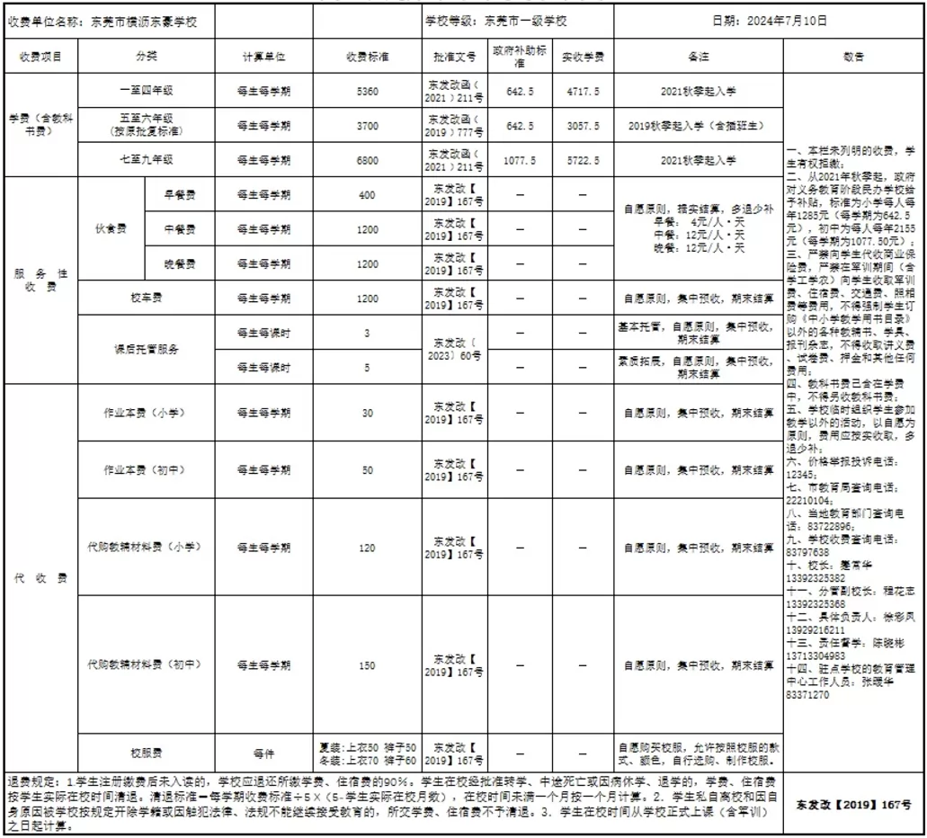 2025年春季东莞市横沥东豪学校收费标准