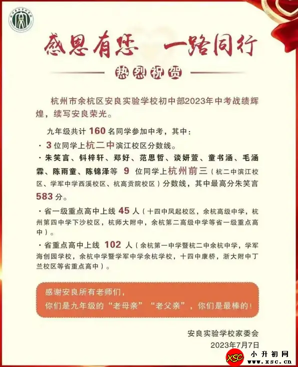 2023年杭州安吉路良渚实验学校中考成绩升学率(中考喜报)