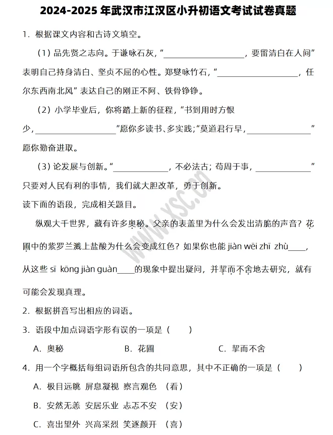 2024-2025年武汉市江汉区小升初语文考试试卷真题及答案