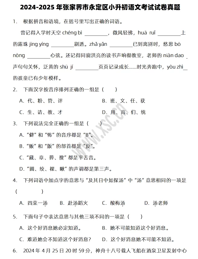 2024-2025年张家界市永定区小升初语文考试试卷真题及答案
