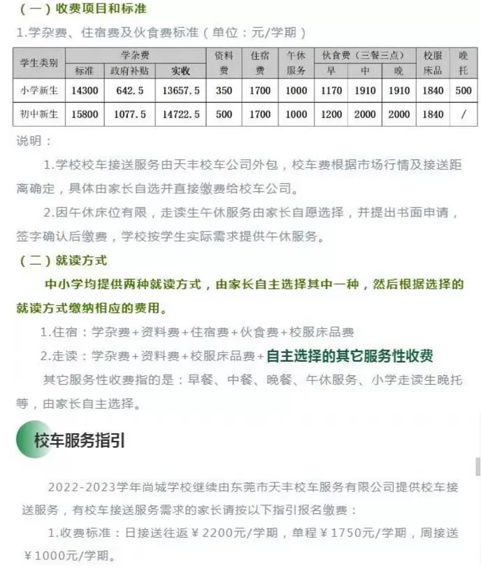 2023年春季东莞市南城尚城学校收费标准