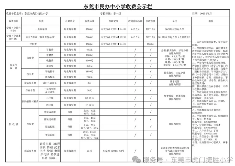 2025年春季东莞虎门捷胜学校小学部收费标准