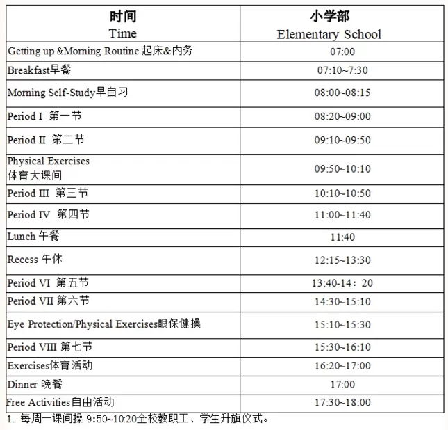 青岛加煌中加学校小学部作息时间表